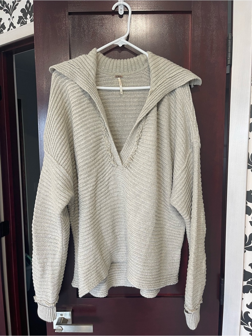 Free People Light Beige V-Neck Hooded Ribbed Sweater